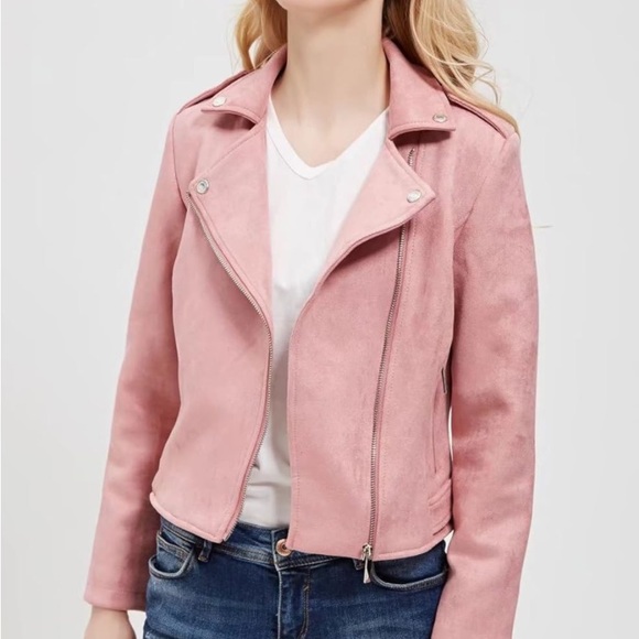 women blush pink moto zip blazer jacket long sleeve motorcycle - Picture 5 of 10